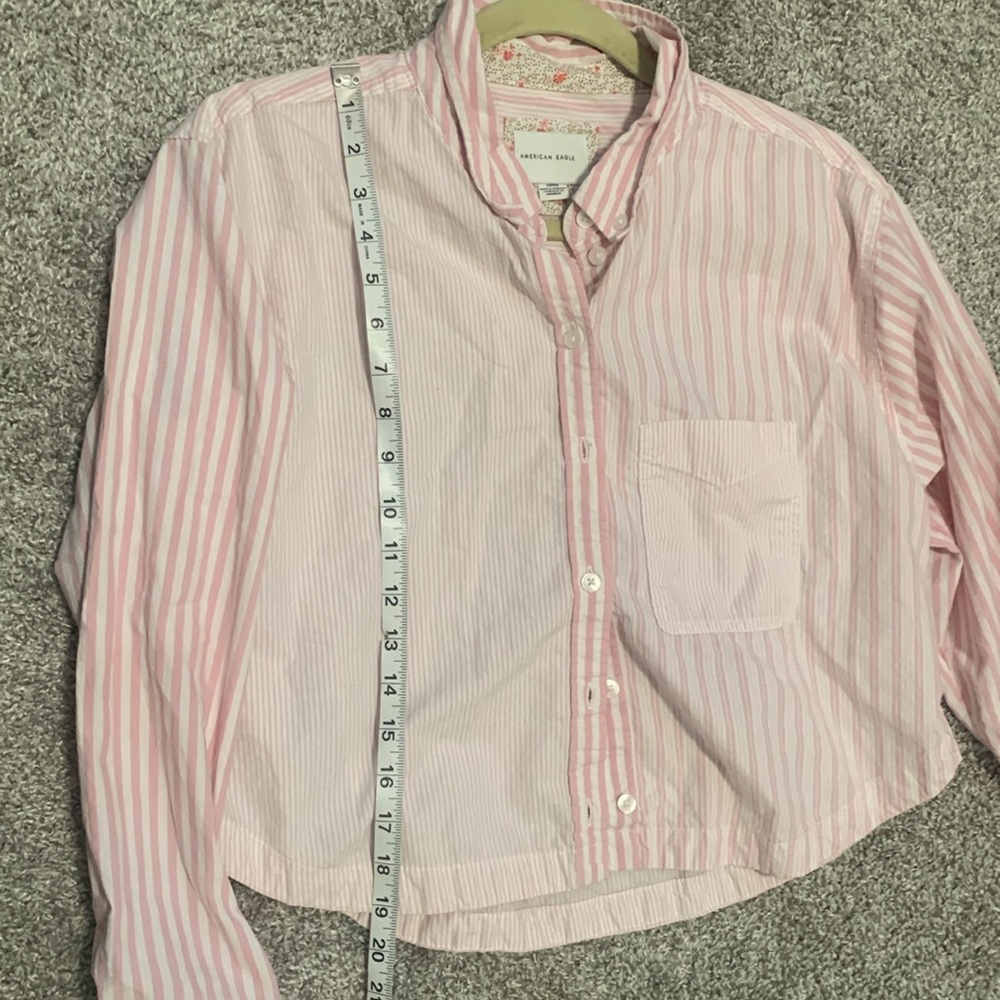American Eagle Pink Patchwork Striped Cropped Long Sleeve Button Down Shirt - Picture 7 of 9